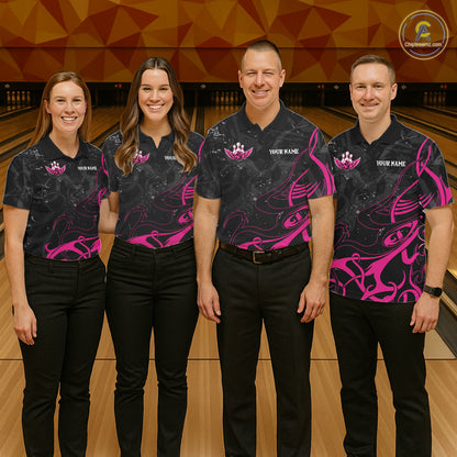Personalized Pink And Black Bowling Wings Polo & 1/4 Zip Shirt For Women Custom Bowling Team Jersey TDM7918