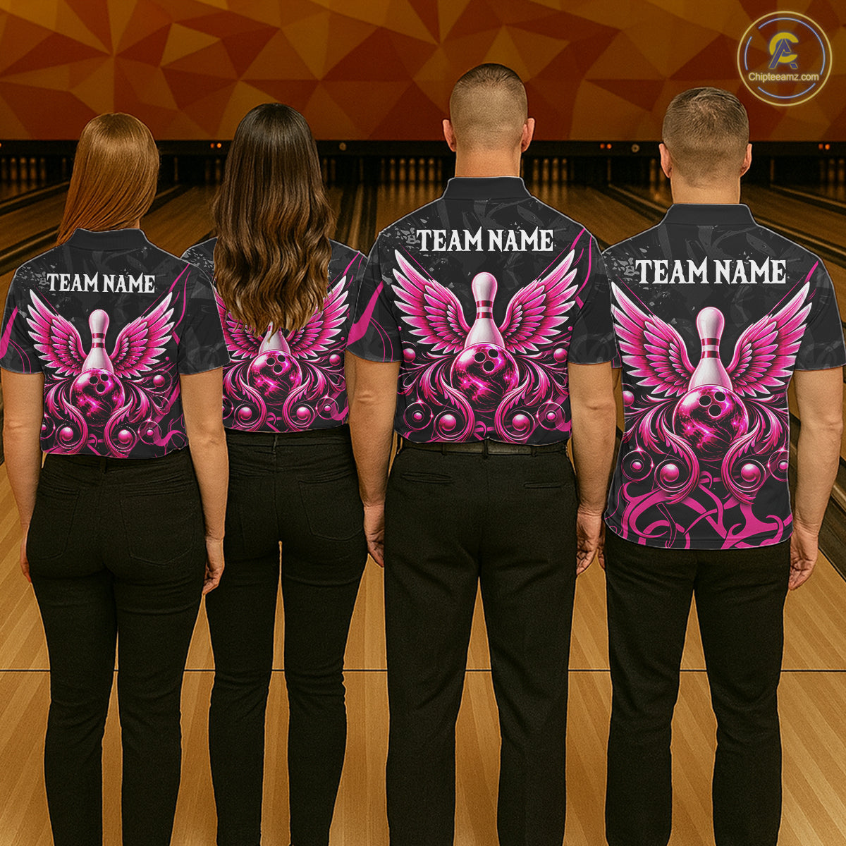 Personalized Pink And Black Bowling Wings Polo & 1/4 Zip Shirt For Women Custom Bowling Team Jersey TDM7918