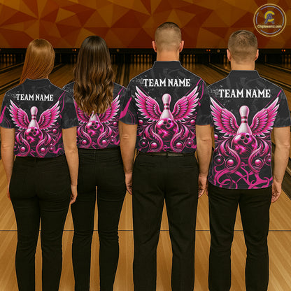 Personalized Pink And Black Bowling Wings Polo & 1/4 Zip Shirt For Women Custom Bowling Team Jersey TDM7918