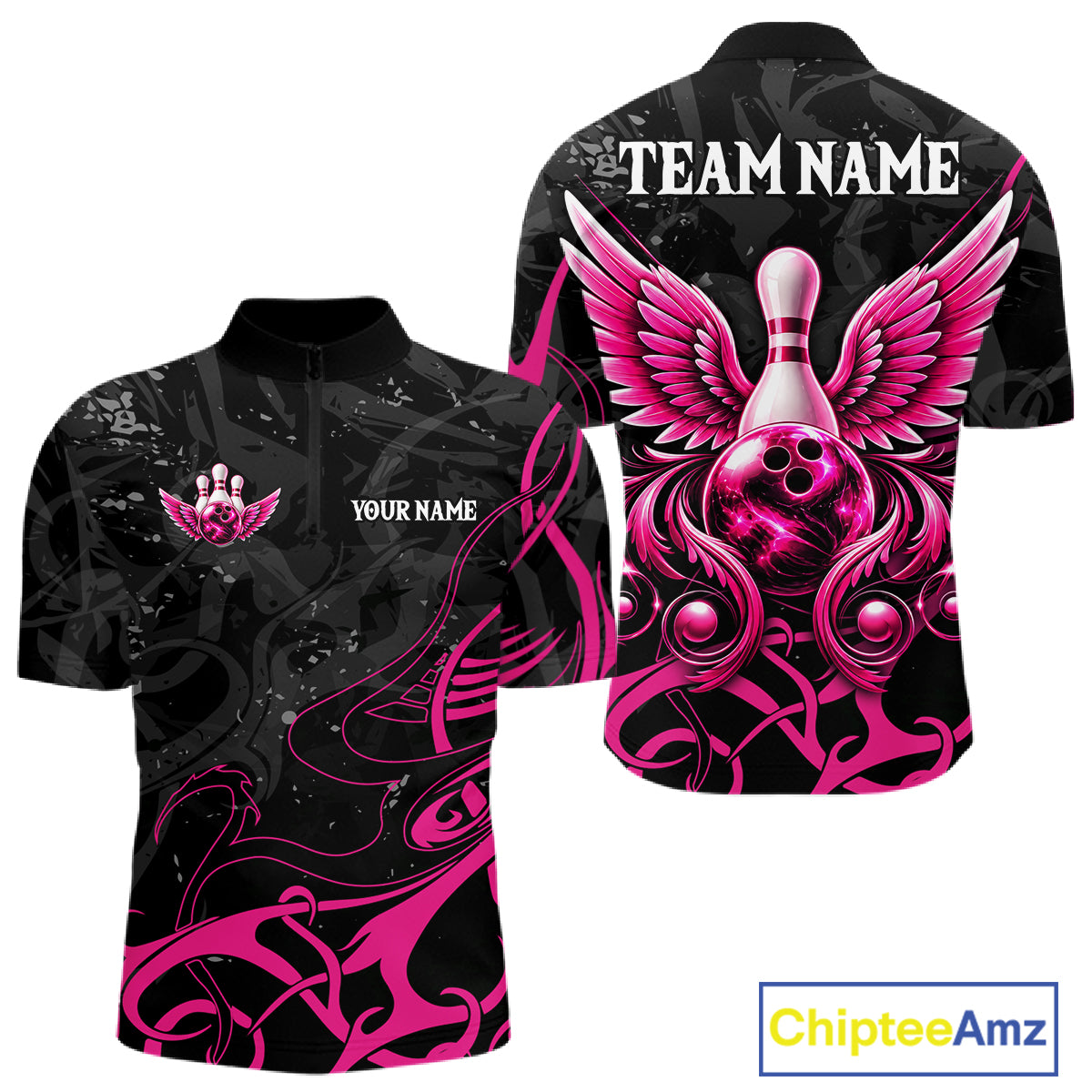 Personalized Pink And Black Bowling Wings Polo & 1/4 Zip Shirt For Men Custom Bowling Team Jersey TDM7918