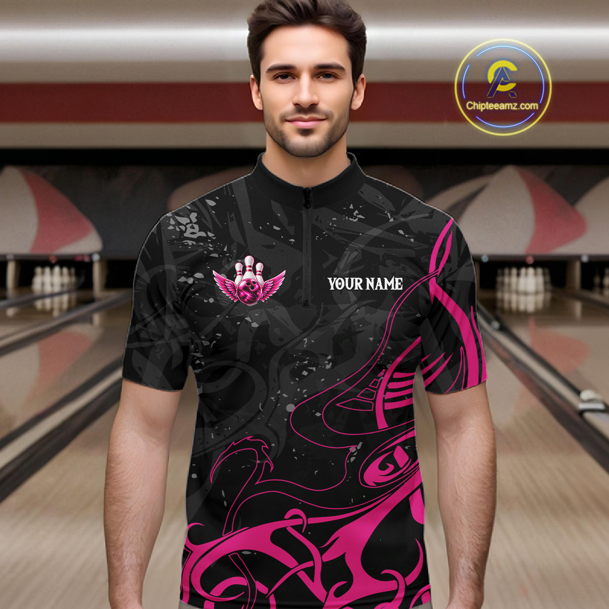 Personalized Pink And Black Bowling Wings Polo & 1/4 Zip Shirt For Men Custom Bowling Team Jersey TDM7918