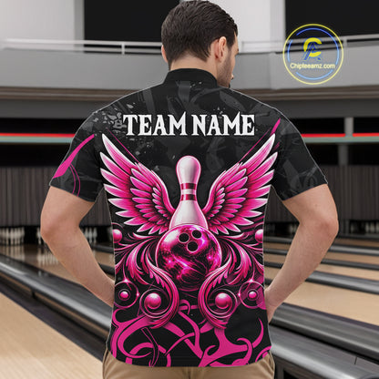 Personalized Pink And Black Bowling Wings Polo & 1/4 Zip Shirt For Men Custom Bowling Team Jersey TDM7918