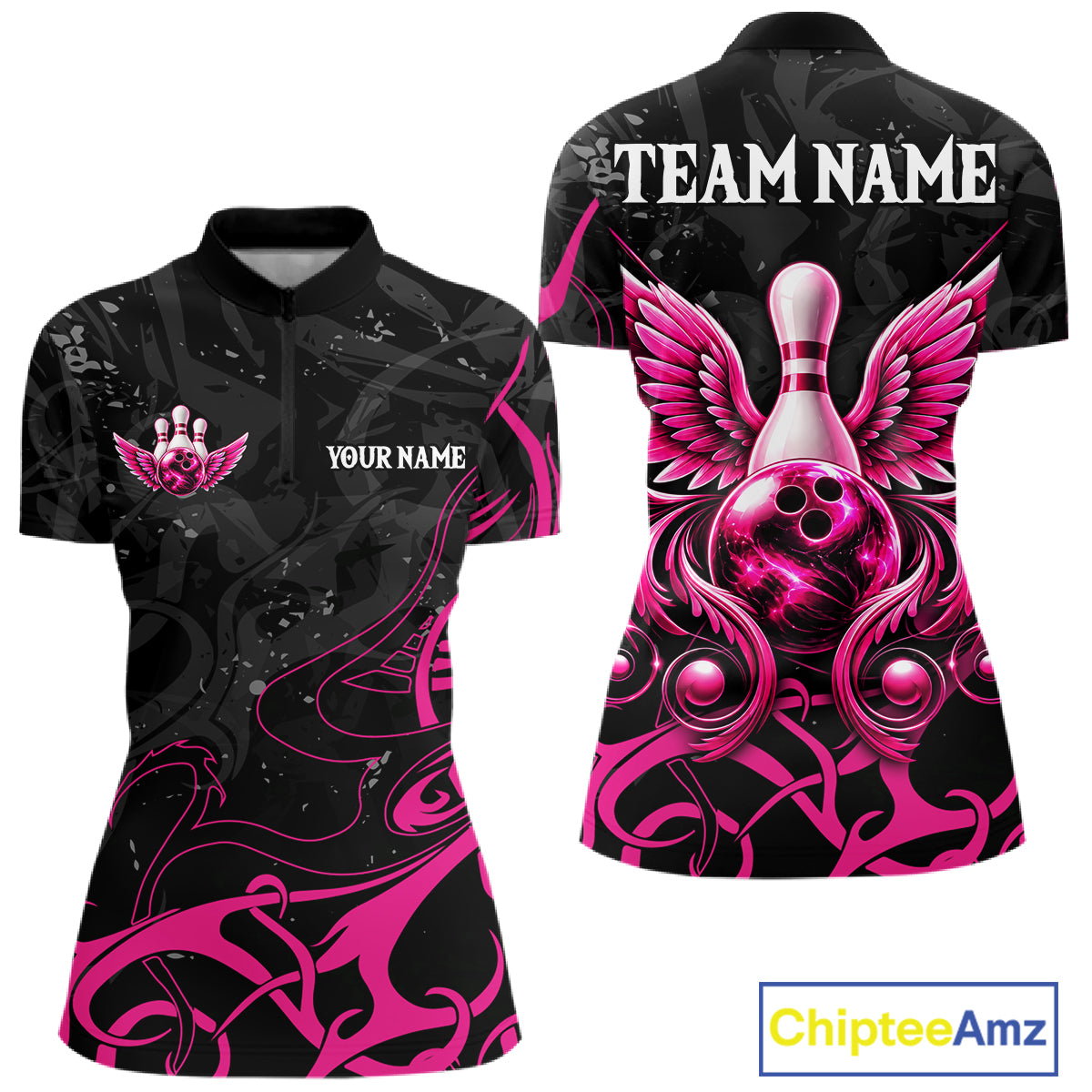 Personalized Pink And Black Bowling Wings Polo & 1/4 Zip Shirt For Women Custom Bowling Team Jersey TDM7918