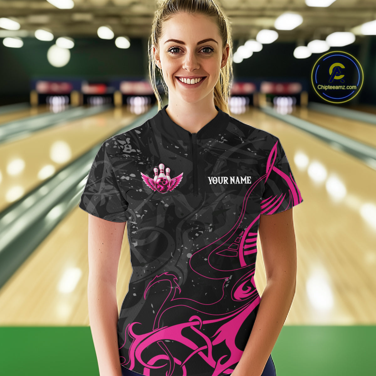 Personalized Pink And Black Bowling Wings Polo & 1/4 Zip Shirt For Women Custom Bowling Team Jersey TDM7918