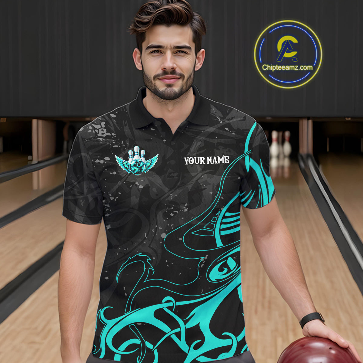 Black And Turquoise Bowling Wings Polo & Quarter Zip Shirts For Men Custom Bowling Team Jersey TDM7919