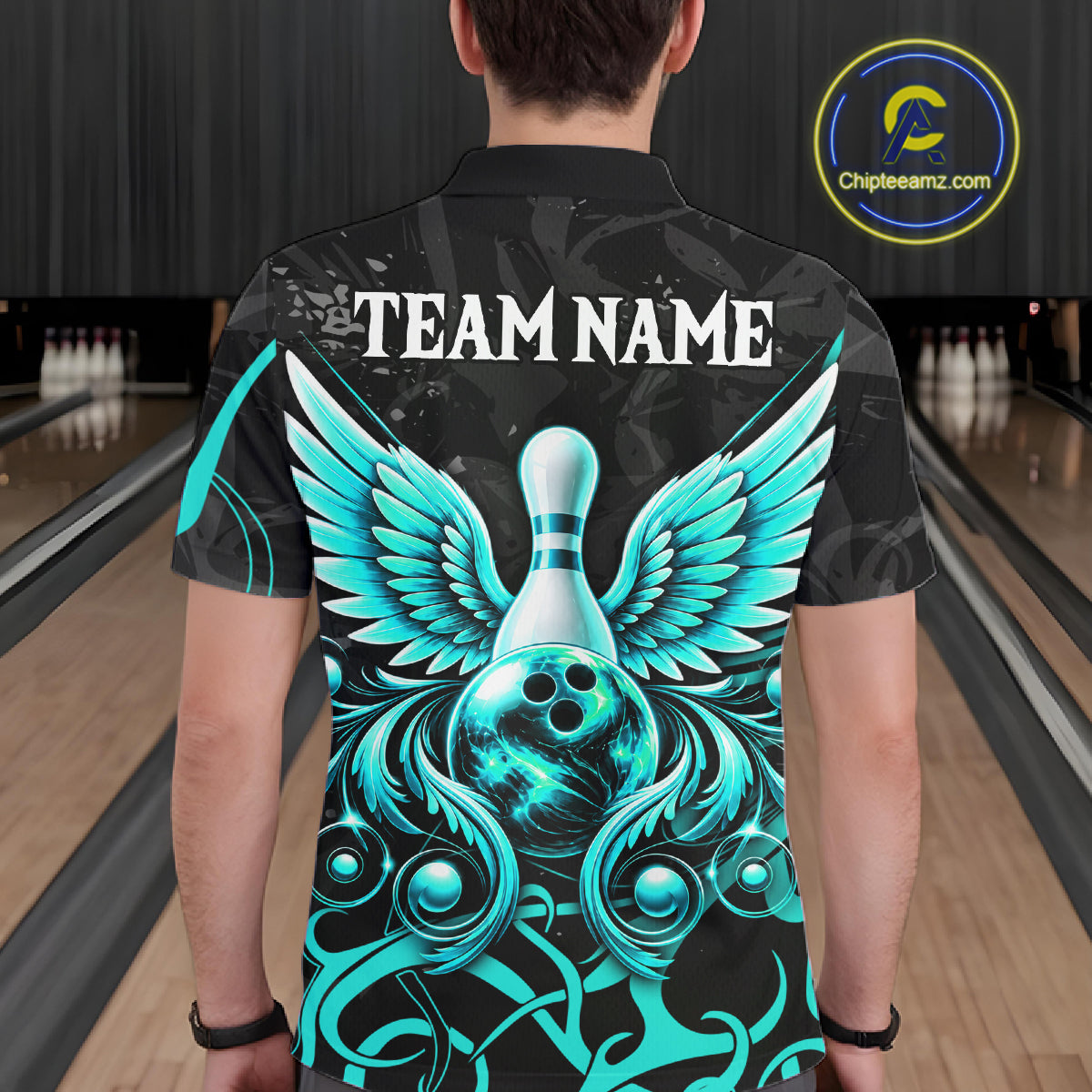 Black And Turquoise Bowling Wings Polo & Quarter Zip Shirts For Men Custom Bowling Team Jersey TDM7919