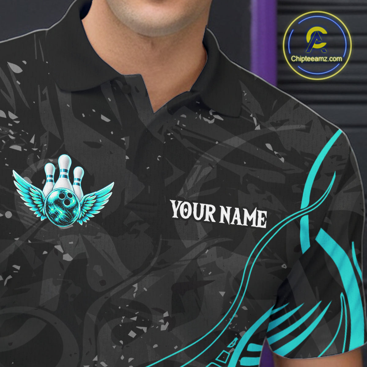 Black And Turquoise Bowling Wings Polo & Quarter Zip Shirts For Men Custom Bowling Team Jersey TDM7919