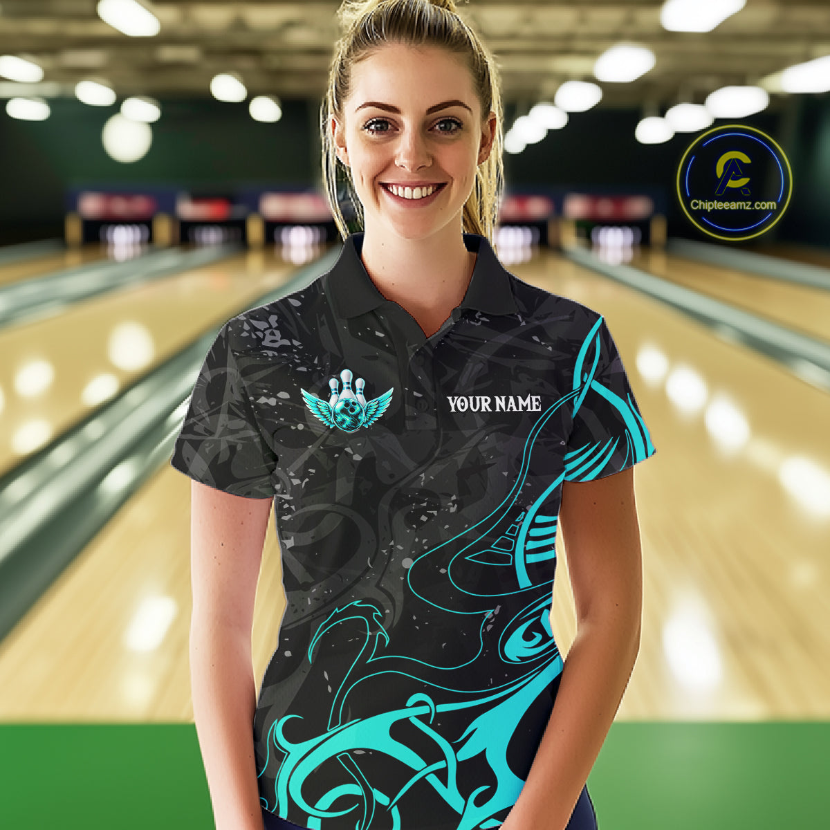 Black And Turquoise Bowling Wings Polo & Quarter Zip Shirts For Women Custom Bowling Team Jersey TDM7919