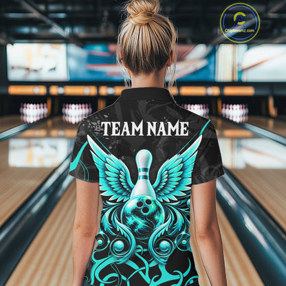 Black And Turquoise Bowling Wings Polo & Quarter Zip Shirts For Women Custom Bowling Team Jersey TDM7919