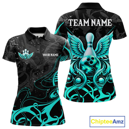 Black And Turquoise Bowling Wings Polo & Quarter Zip Shirts For Women Custom Bowling Team Jersey TDM7919
