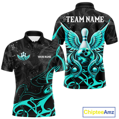Black And Turquoise Bowling Wings Polo & Quarter Zip Shirts For Men Custom Bowling Team Jersey TDM7919