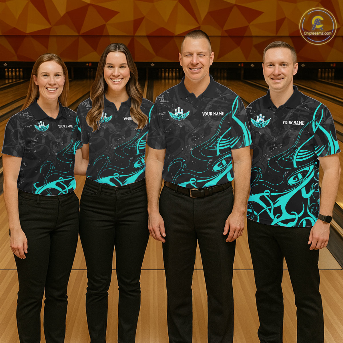 Black And Turquoise Bowling Wings Polo & Quarter Zip Shirts For Men Custom Bowling Team Jersey TDM7919