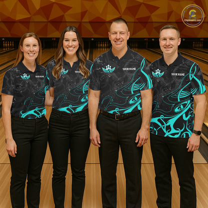 Black And Turquoise Bowling Wings Polo & Quarter Zip Shirts For Men Custom Bowling Team Jersey TDM7919