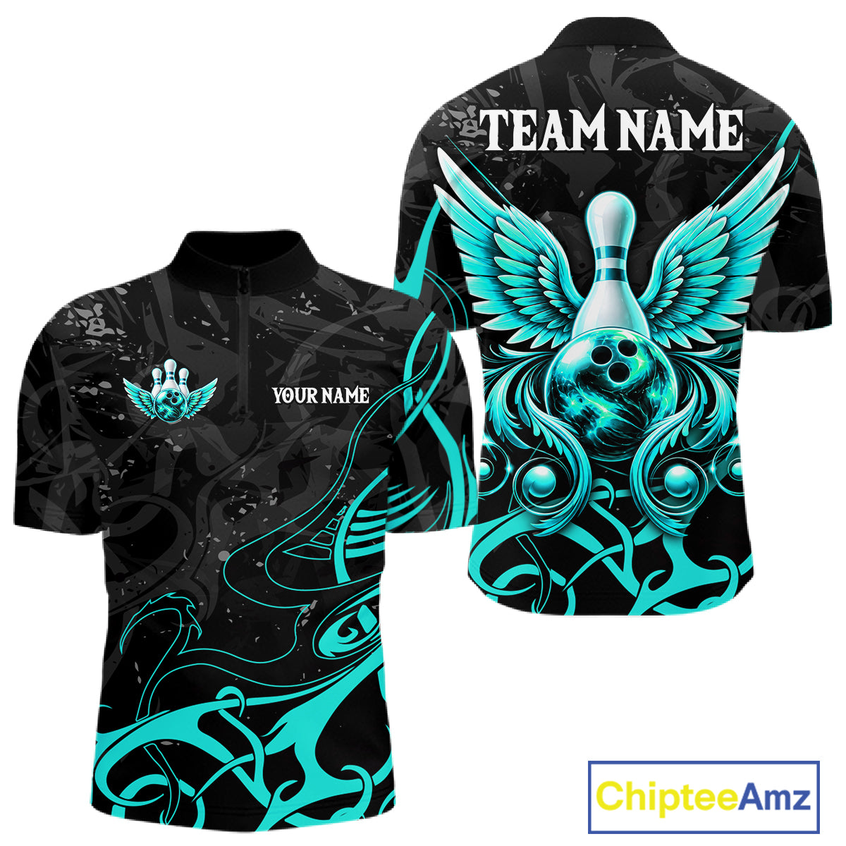 Black And Turquoise Bowling Wings Polo & Quarter Zip Shirts For Men Custom Bowling Team Jersey TDM7919