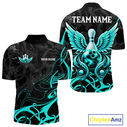 Black And Turquoise Bowling Wings Polo & Quarter Zip Shirts For Men Custom Bowling Team Jersey TDM7919