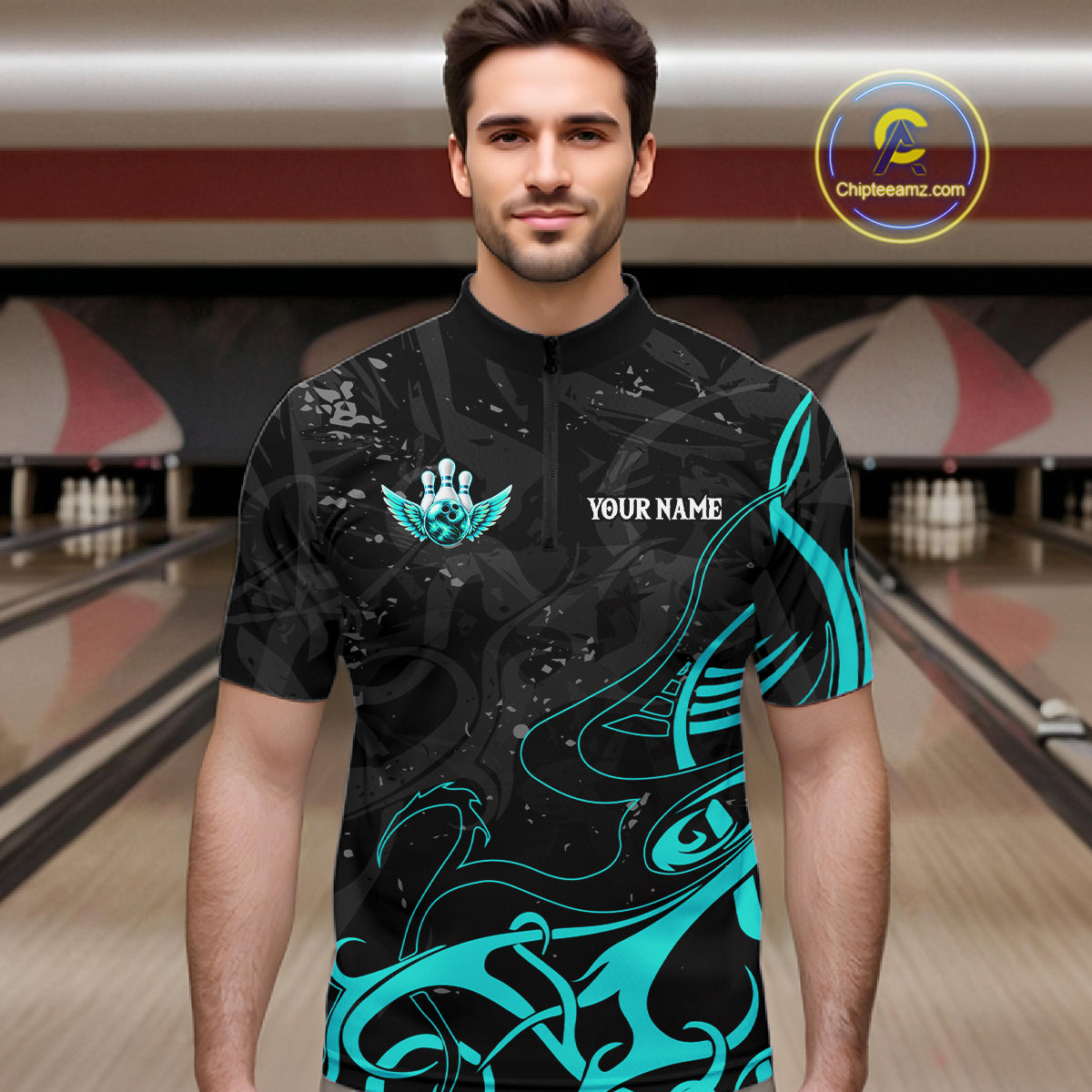 Black And Turquoise Bowling Wings Polo & Quarter Zip Shirts For Men Custom Bowling Team Jersey TDM7919
