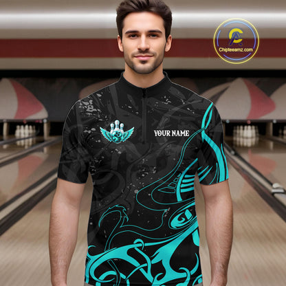 Black And Turquoise Bowling Wings Polo & Quarter Zip Shirts For Men Custom Bowling Team Jersey TDM7919