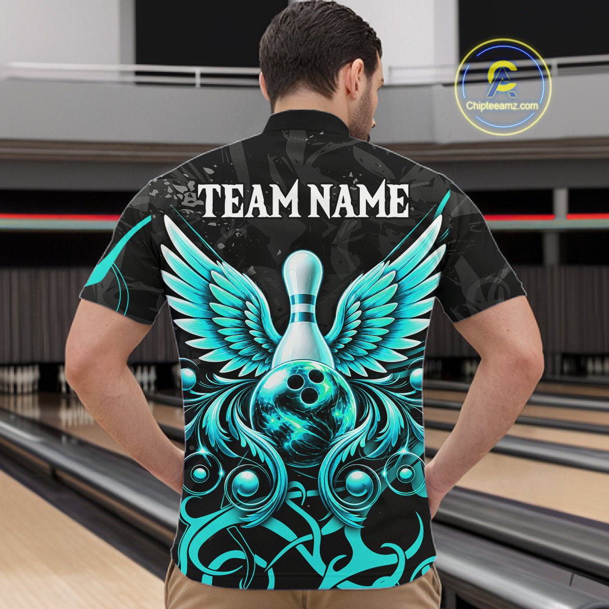 Black And Turquoise Bowling Wings Polo & Quarter Zip Shirts For Men Custom Bowling Team Jersey TDM7919