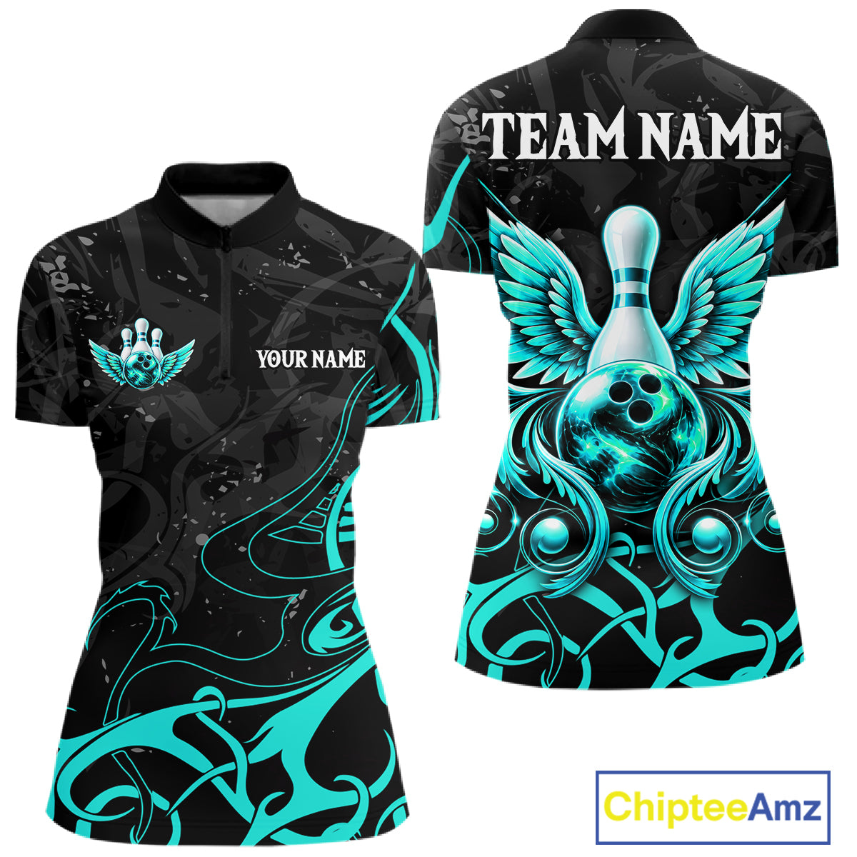 Black And Turquoise Bowling Wings Polo & Quarter Zip Shirts For Women Custom Bowling Team Jersey TDM7919