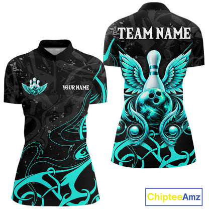 Black And Turquoise Bowling Wings Polo & Quarter Zip Shirts For Women Custom Bowling Team Jersey TDM7919