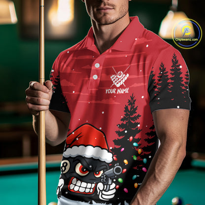 Personalized Red Christmas Santa 8 Ball Pool Billiard Shirts For Men, Funny Xmas Billiard Jerseys TDM5221