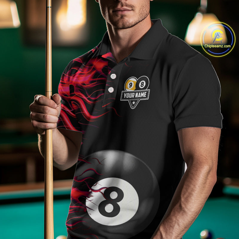 Red Flaming 8 Ball & 9 Ball Billiard Shirt For Men Custom Pool Team Jersey Polo & Quarter Zip TDM5481