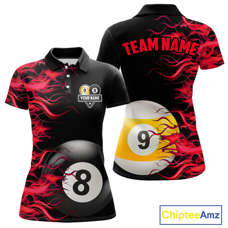 Red Flaming 8 Ball & 9 Ball Billiard Shirt For Women Custom Pool Team Jersey Polo & Quarter Zip TDM5481