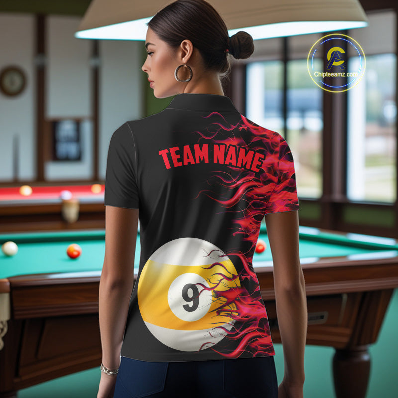 Red Flaming 8 Ball & 9 Ball Billiard Shirt For Women Custom Pool Team Jersey Polo & Quarter Zip TDM5481