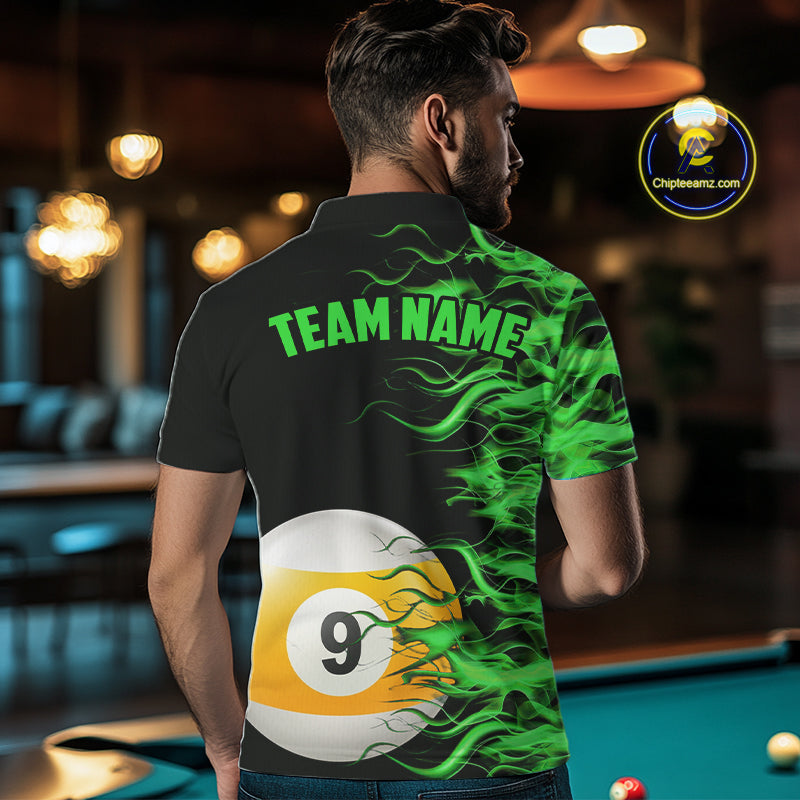 Green Flaming 8 Ball & 9 Ball Billiard Shirt For Men Custom Pool Team Jersey Polo & 1/4 Zip TDM5482