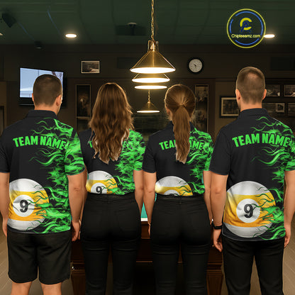 Green Flaming 8 Ball & 9 Ball Billiard Shirt For Men Custom Pool Team Jersey Polo & 1/4 Zip TDM5482