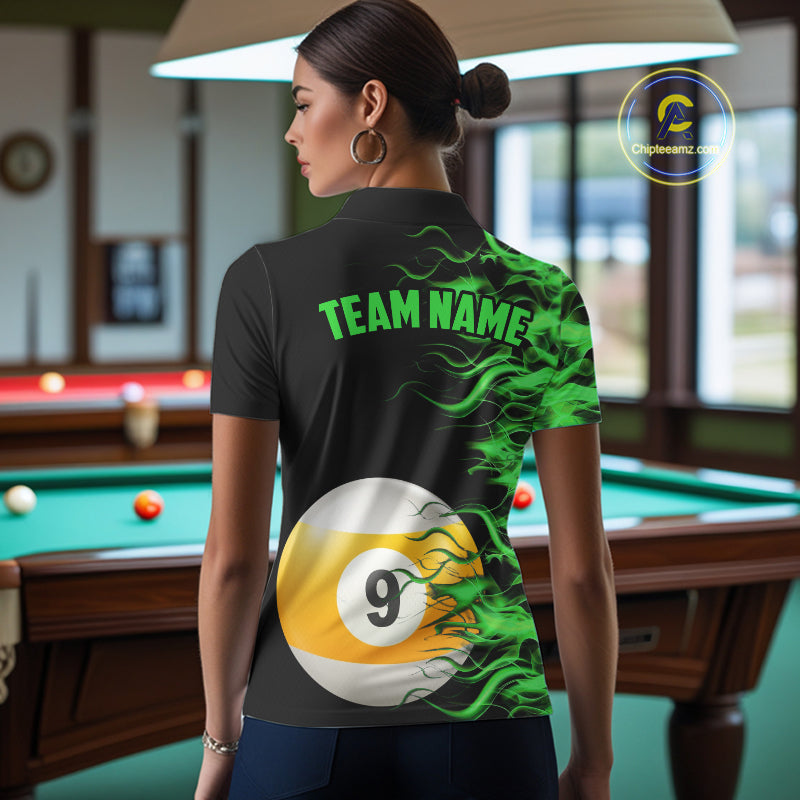Green Flaming 8 Ball & 9 Ball Billiard Shirt For Women Custom Pool Team Jersey Polo & 1/4 Zip TDM5482