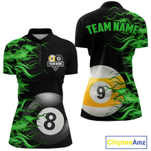 Load image into Gallery viewer, Green Flaming 8 Ball &amp; 9 Ball Billiard Shirt For Women Custom Pool Team Jersey Polo &amp; 1/4 Zip TDM5482