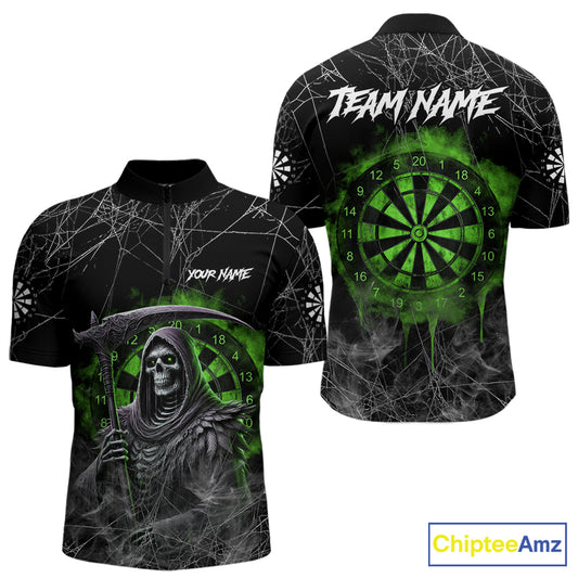 Black And Green Smoke Grim Reaper Funny Dart Shirts For Men Custom Dart Jerseys, Darts Clothing TDM5486