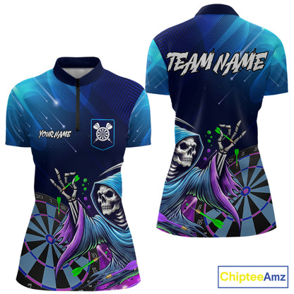 Funny Grim Reaper Blue Purple Galaxy Dart Shirts With Pocket Option For Women TDM5490