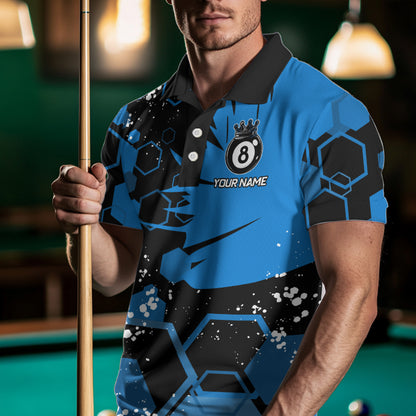 Personalized Black Blue 8 Ball Crown Hexagon Billiard Shirts For Men, Pool Billiard Team Jerseys TDM3589