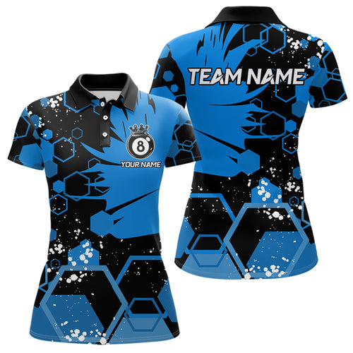 Personalized Black Blue 8 Ball Crown Hexagon Billiard Shirts For Women, Pool Billiard Team Jerseys TDM3589