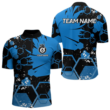 Personalized Black Blue 8 Ball Crown Hexagon Billiard Shirts For Men, Pool Billiard Team Jerseys TDM3589