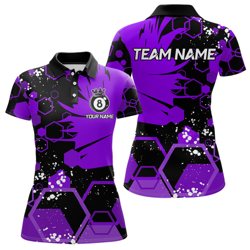 Personalized Black Purple 8 Ball Crown Hexagon Billiard Shirts For Women, Pool Billiard Team Jerseys TDM3590