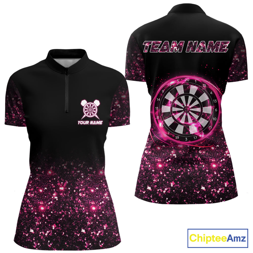 Pink And Black Custom Light Darts Polo & Quarter Zip For Women, Darts Jersey Team Outfit TDM5946