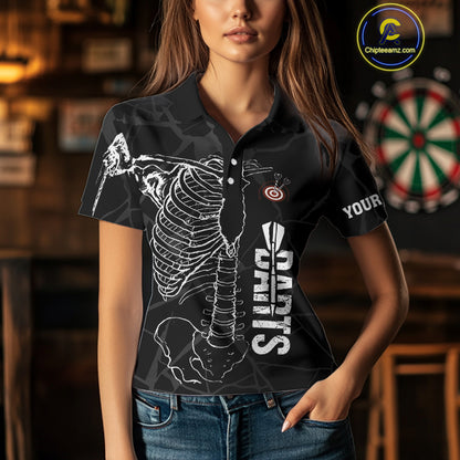 White Skeleton Custom Black Grunge Darts Polo & 1/4 Zip, Funny Dart Shirts For Women Dart Jerseys TDM3746