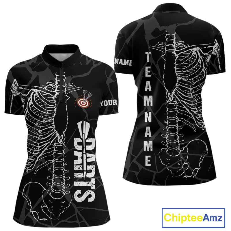 White Skeleton Custom Black Grunge Darts Polo & 1/4 Zip, Funny Dart Shirts For Women Dart Jerseys TDM3746
