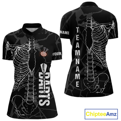 White Skeleton Custom Black Grunge Darts Polo & 1/4 Zip, Funny Dart Shirts For Women Dart Jerseys TDM3746
