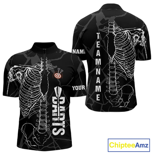White Skeleton Custom Black Grunge Darts Polo & 1/4 Zip, Funny Dart Shirts For Men Dart Jerseys TDM3746