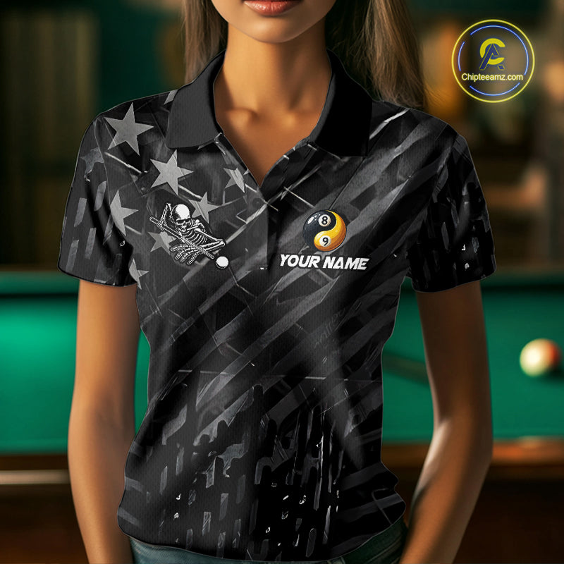 Black US Flag Skull Yin And Yang Custom Billiard Shirts For Women, 8 Ball & 9 Ball Pool Team Jersey TDM6531