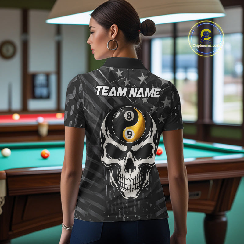 Black US Flag Skull Yin And Yang Custom Billiard Shirts For Women, 8 Ball & 9 Ball Pool Team Jersey TDM6531