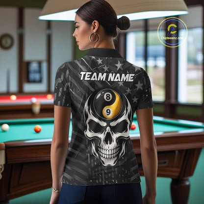 Black US Flag Skull Yin And Yang Custom Billiard Shirts For Women, 8 Ball & 9 Ball Pool Team Jersey TDM6531