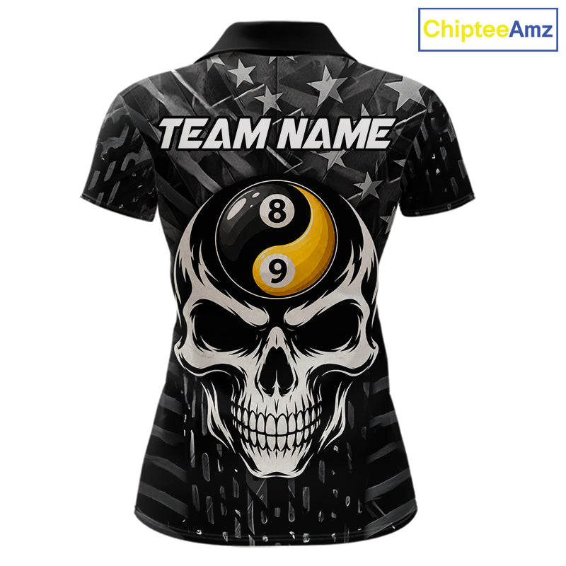 Black US Flag Skull Yin And Yang Custom Billiard Shirts For Women, 8 Ball & 9 Ball Pool Team Jersey TDM6531