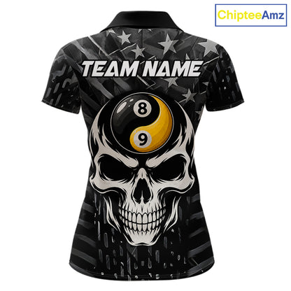 Black US Flag Skull Yin And Yang Custom Billiard Shirts For Women, 8 Ball & 9 Ball Pool Team Jersey TDM6531