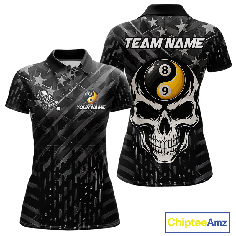 Black US Flag Skull Yin And Yang Custom Billiard Shirts For Women, 8 Ball & 9 Ball Pool Team Jersey TDM6531