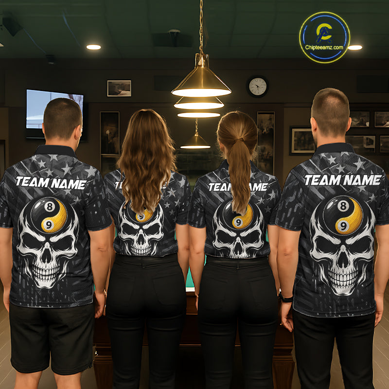 Black US Flag Skull Yin And Yang Custom Billiard Shirts For Men, 8 Ball & 9 Ball Pool Team Jersey TDM6531